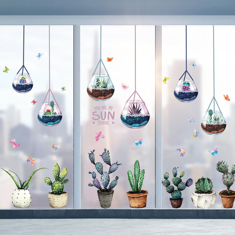 Milk Tea Shop Glass Door Stickers Creative Personality Windows Applid 3D Cubist Kitchen Balcony Windows Decoration Applid plants