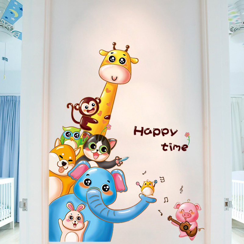 Cartoon animal wall stickers Children's room wall decoration wall paper self-adhesive creative kindergarten corridor door stickers
