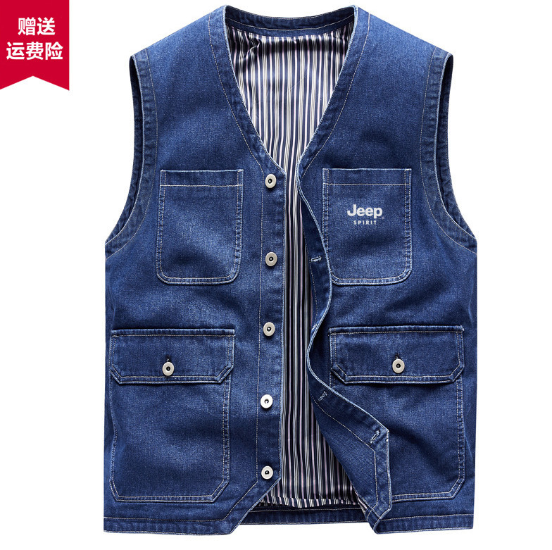 Jeep Spirit Men's Denim Vest with Multiple Pockets, Fashionable Outdoor V-Neck Outerwear Vest, Men's Workwear Jacket