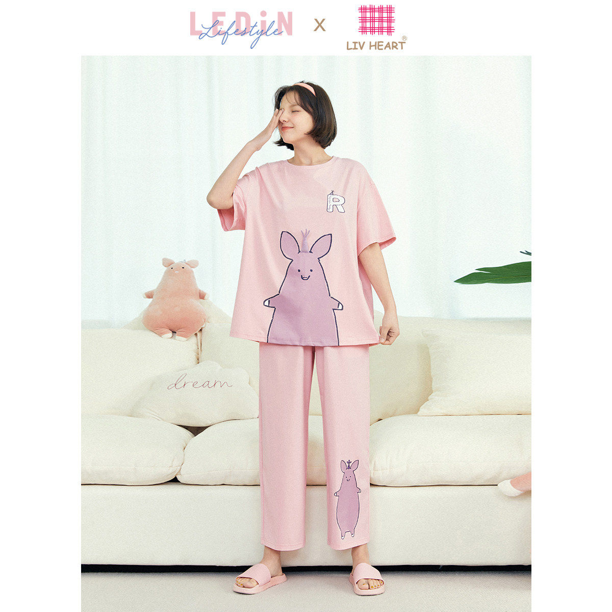 Lemachi Liv Heart Joint Fun Small Pig Family Residence Suit Women 2022 Summer Dress New Cute Short Sleeve Pyjamas