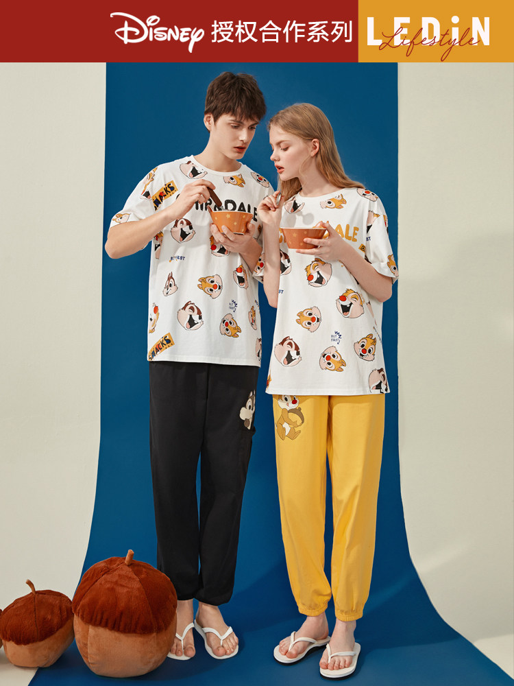 Le Town Kichititi couple pajamas female spring and autumn home suit male cotton cute cartoon short-sleeved pajamas can go out