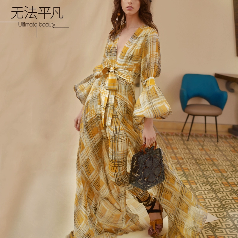 Không phổ biến Mùa Xuân và Mùa Thu Sản phẩm mới Thời trang cao cấp Tùy chỉnh Kẻ sọc Lỏng Đèn lồng Tay áo In Váy Quần áo Phụ nữ - Sản phẩm HOT