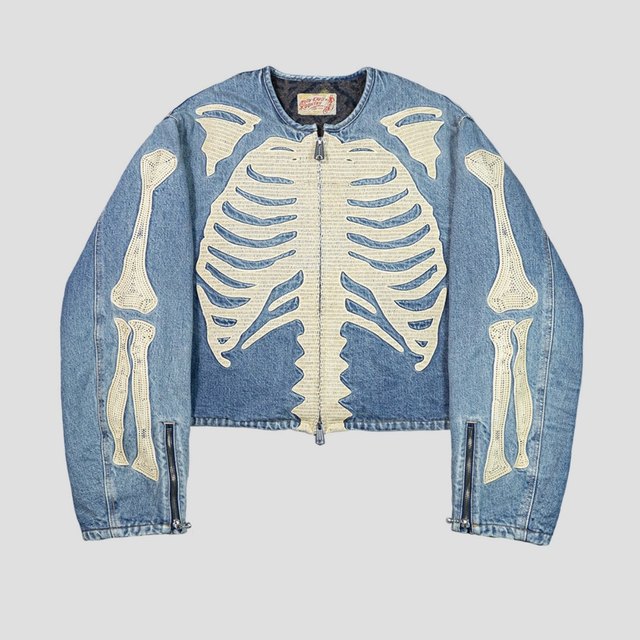 Collarless washed embroidered denim jacket