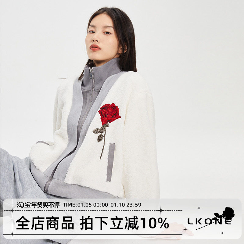 LKONE Guochao original creation collar contrast color lamb velvet jacket autumn and winter new lamb wool short section slim white