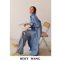 ROEY WANG cotton shirt dress women 2020 new style tie waist slim over knee Medium-length dress
