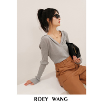 ROEY WANG knitted sweater womens hooded short top long sleeve loose wool pullover sweater Spring and Autumn wear