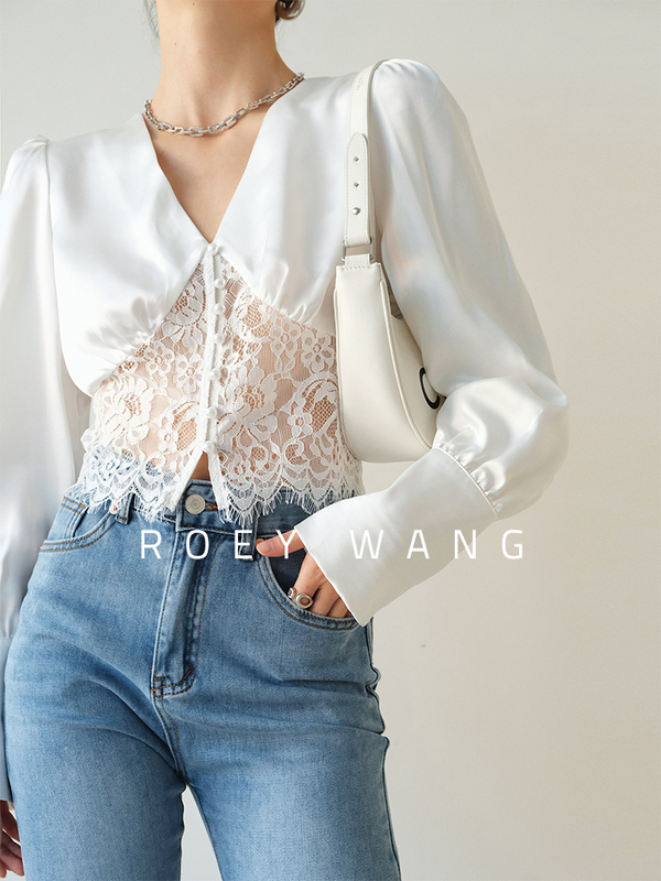 Roeywang Exclusive Design Lace Patchwork Top Acetate Satin Long-Sleeve French V-Neck Puff Sleeve Shirt