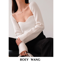 ROEYWANG high twist three-dimensional woven stitch long sleeve knitted top female sexy self-cultivation machine square collar base shirt wear