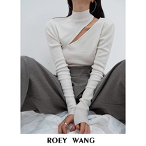 ROEY WANG wool sweater women spring and autumn with base shirt open clavicle top female careful machine design sense
