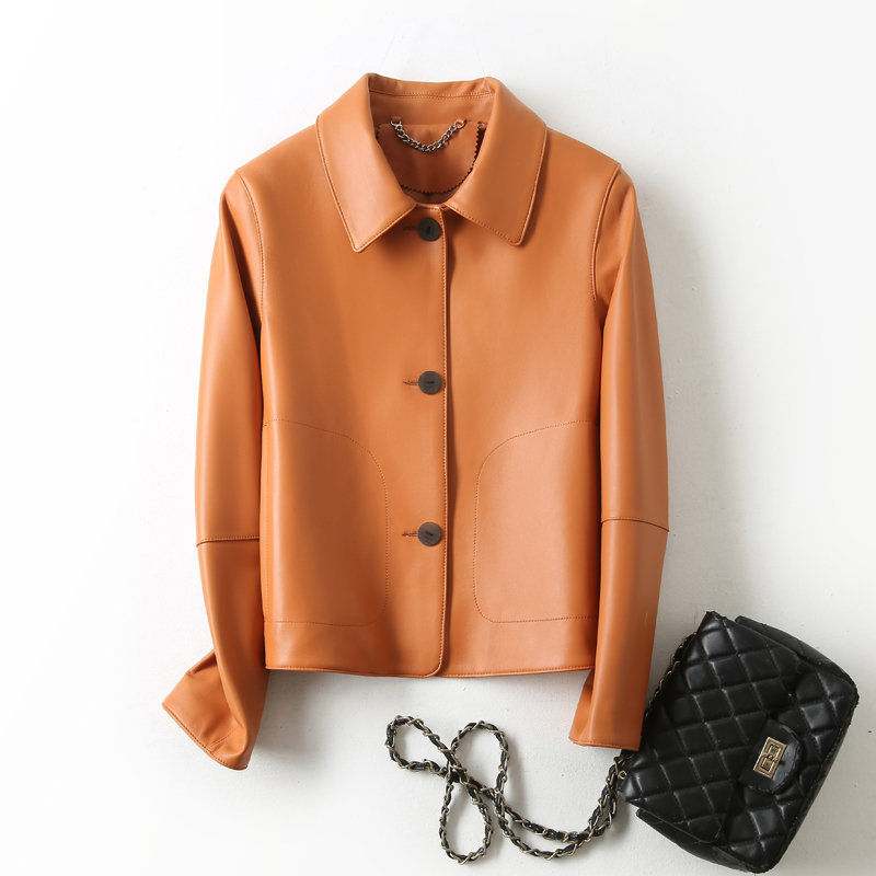 Qi Wei's Same Style Leather Jacket, Genuine Sheepskin Coat for Women, Orange Top, Short Style, 2025 New Autumn and Winter Leather Jacket
