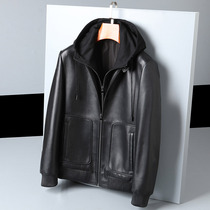 Autumn new Haining leather leather mens sheepskin hooded large size short leather jacket hooded casual jacket