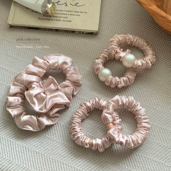 Sweetheart nellie pink. super soft satin pearl pleated hair ring intestinal ring basic versatile hair tie rubber band headband hair accessory