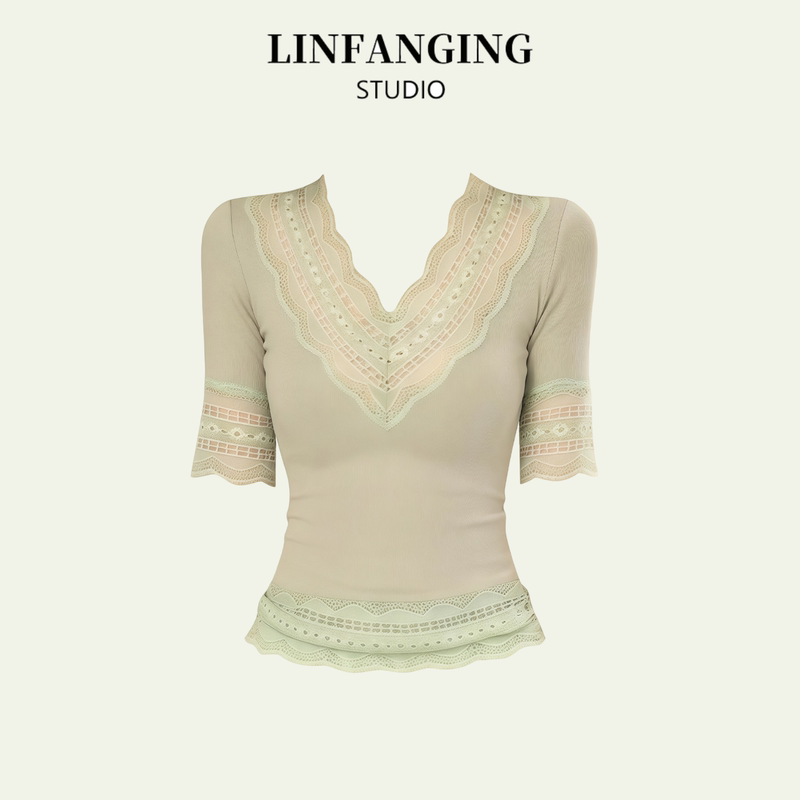 Linfanging Pure Desire Style Niche Green Lace V-Neck Short-Sleeve T-Shirt for Women, Summer Versatile Slim-Fit Elegant Top