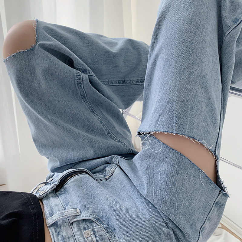 Ripped jeans women's straight loose high-waisted pants fat sister plus size women's autumn clothing 2022 new trendy ins