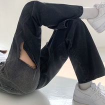 Breaking hole jeans womens straight loose high waist thin pants fat sister big size womens summer clothes 2021 New Tide