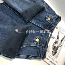 Fat sister spring plus velvet plus size jeans womens straight loose 2021 new womens high-waisted womens pants show thin