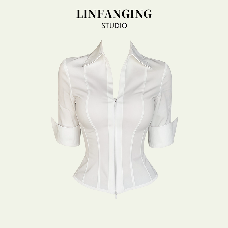 Linfanging Lapel Collar Waist-Tie Adjustable Waist-Cinching Shirt for Women, New Summer Style Hot Girl Style Slim Fit Shirt