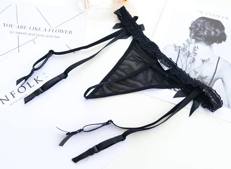 Châu Âu và Hoa Kỳ cao cấp gợi cảm ren đen trong suốt cám dỗ garter thong T quần phù hợp đai nịt bít tất thắt lưng nữ