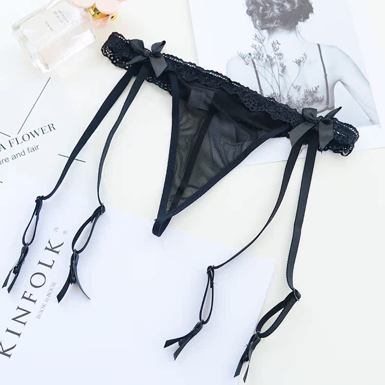 Châu Âu và Hoa Kỳ cao cấp gợi cảm ren đen trong suốt cám dỗ garter thong T quần phù hợp đai nịt bít tất thắt lưng nữ