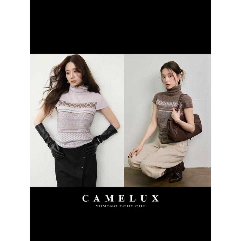 【Camelux Line】Fair Isle Sweater Wool Alpaca Blend Slimming Jacquard High Neck Short Sleeve Top