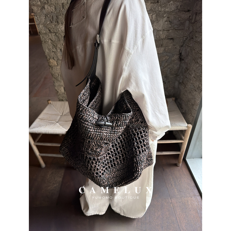 Handmade Straw Bag, Raffia/First Layer Cowhide, Large Capacity Hand-Woven Shoulder Tote Bag, Beach Bag for Vacation Handmade Straw Bag, Raffia/First Layer Cowhide, Large Capacity Hand-Woven Shoulder Tote Bag, Beach Bag for Vacation