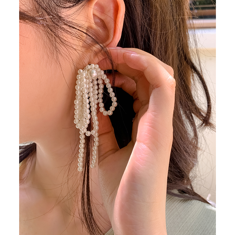 (Bow tassel earrings) beautiful imitation pearl 925 silver easy earlobe