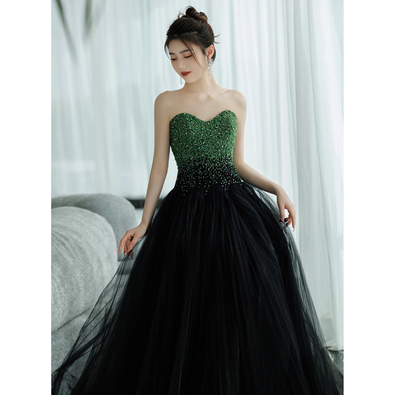 Green Sequin Evening Dress, Strapless, High-End, Retro, Light Luxury, Annual Meeting Host, Catwalk, Piano Solo Performance Costume