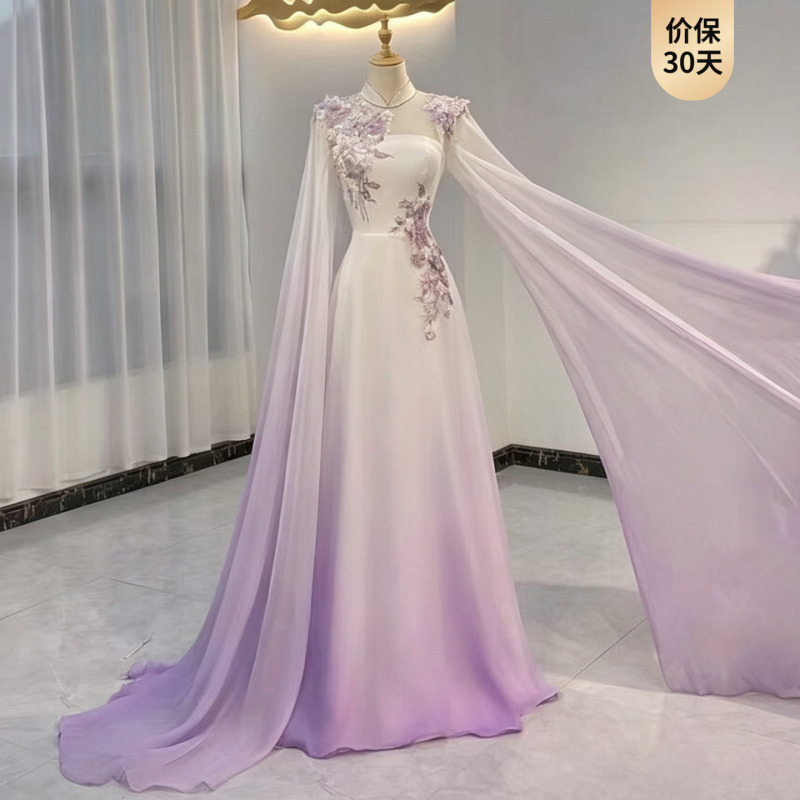 High-End Ethnic Vocal Performance Costume, Gradient Purple Guzheng Performance Dress, Traditional Music Solo Performance Exam Host Long Dress High-End Ethnic Vocal Performance Costume, Gradient Purple Guzheng Performance Dress, Traditional Music Solo Performance Exam Host Long Dress