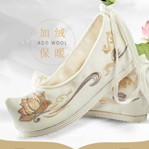 Autumn and winter Hanfu shoes womens ancient style embroidered shoes bow shoes upturned cloth shoes increased costume shoes plus cotton and velvet