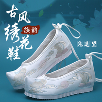 Spring and Autumn Hanfu shoes Womens ancient style round head embroidered shoes Chinese style bow shoes flat bottom increased ancient costume shoes Ming system