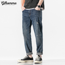 2021 autumn new mens broken jeans slim feet Joker Korean fashion casual long pants men