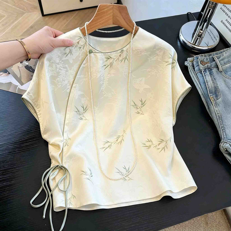 Silk Traditional Chinese Style Top, Summer Thin New Chinese Style Short-Sleeve Blouse for Women, Heavy Jacquard with Traditional Chinese Buttons, Mulberry Silk Shirt