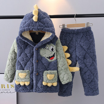 Winter Boys' Flannel Three-Layer Quilted Children's Pajamas, Thickened Coral Fleece, Home Wear Set for Older Boys