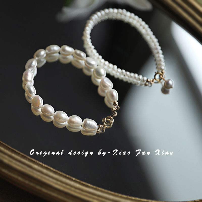 14K bag gold natural pearl handle soft and simple temperament rice bead high - sense string original design