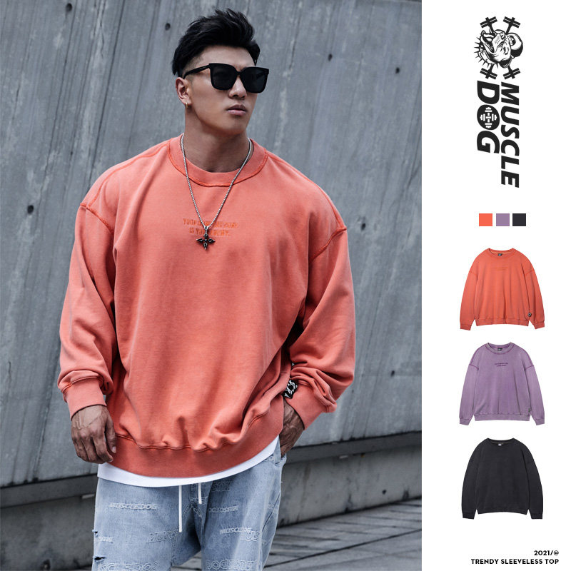 Muscle dog sports and leisure thick cotton T men's tide brand wash old round neck all-match training clothes fitness clothes pullovers