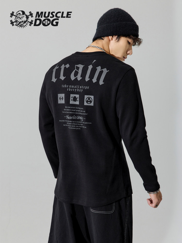 Muscle Dog Fitness Long - sleeved Boy Tide American Fall - Winter Cotton - fit Top - collar exercise training T - shirt