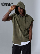 Muscle dog sports fitness vest mens trendy brand irregular loose hooded wash water sleeveless fitness clothes training clothes
