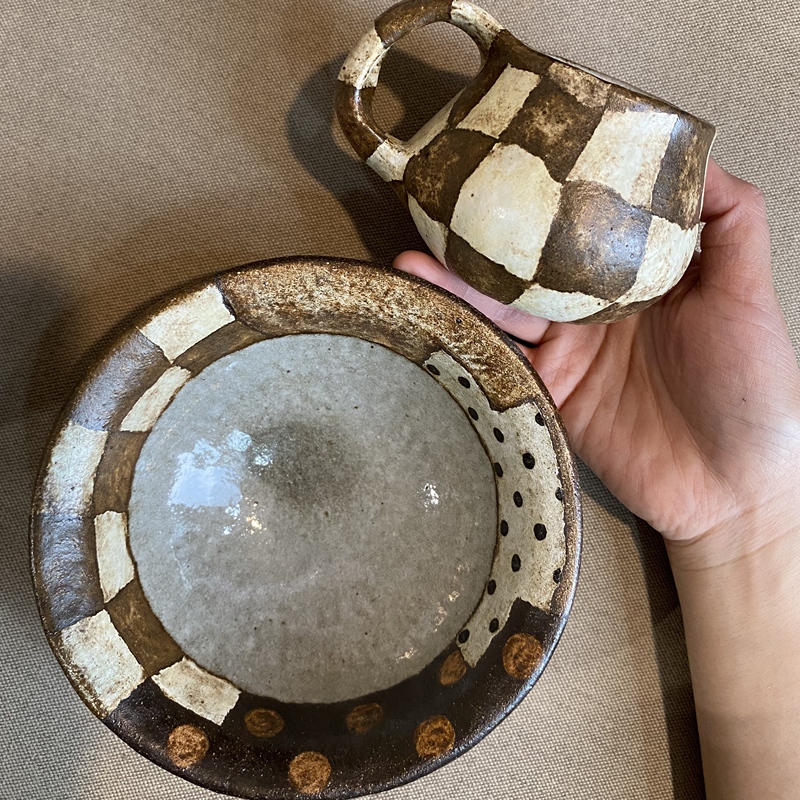 Small Pottery Ware】Handmade Rustic Pottery Coffee Cups, Plates, Bowls, Tableware, Polka Dot Domestic Designer Ware, Retro Niche Style