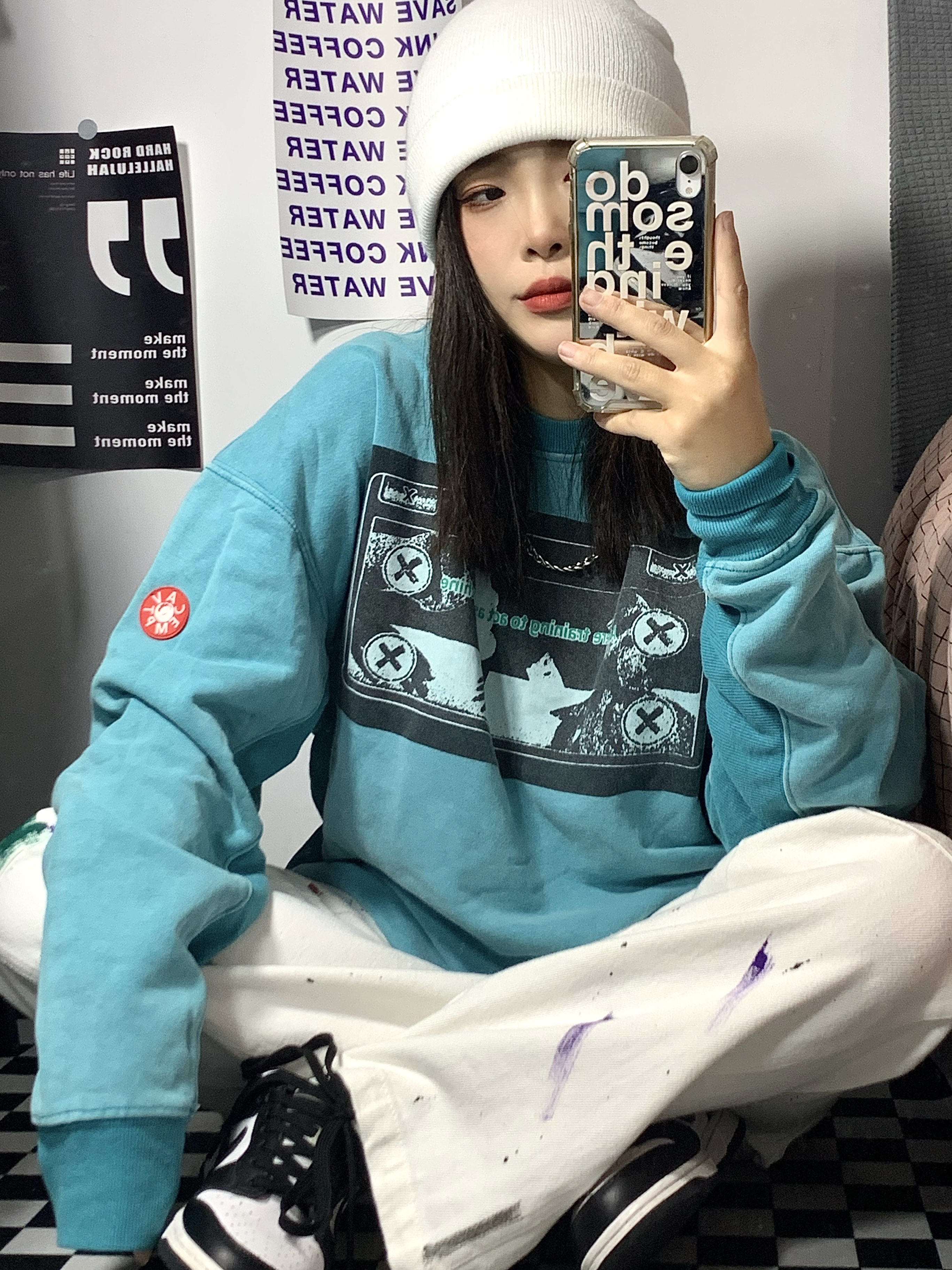 LIFE CAVEMPTC E Japanese tide Hand Hand Hand Hand Pattern with a loose couple's long sleeve shirt