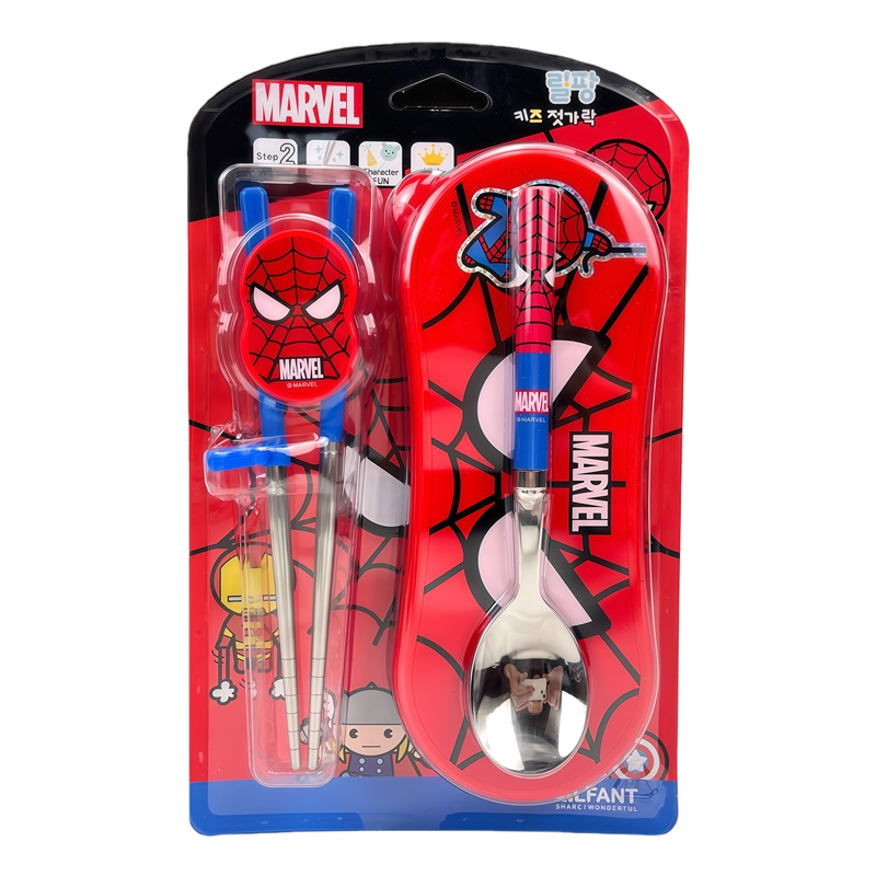 Korean Imported Spider-Man Tableware Set, Learning Chopsticks and Spoon Storage Box, Cartoon Children's Baby Learning to Eat