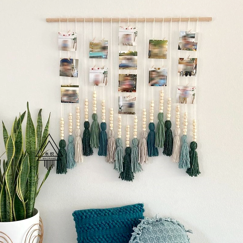 (Flow Light) ins Colorful Wool Line Spike wood Pearl Wave Photo Hanging children's room Book room wall Decorative Tapestry