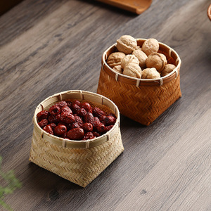 Natural Handmade Bamboo Basket with Square Bottom and Round Mouth, Bamboo Basket for Snacks and Treats, Vintage Small Ba