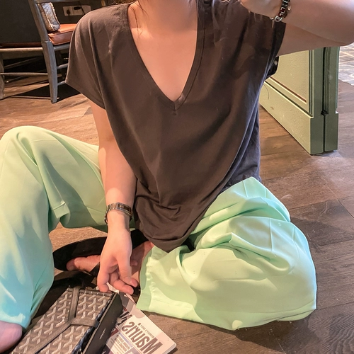 Однотонная футболка для отдыха, делается под заказ, в корейском стиле, большой размер, свободный крой, V-образный вырез