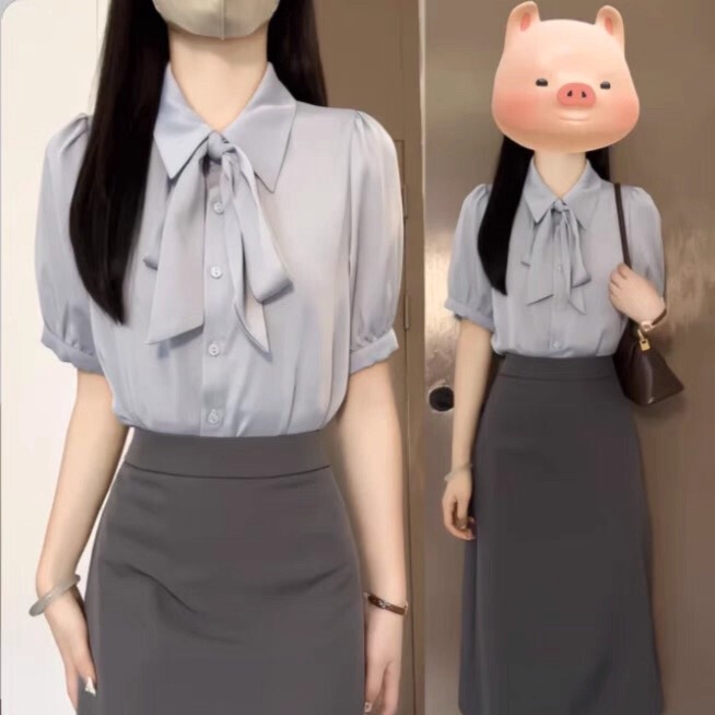 French-Style Niche Bow-Tie Ribbon Short-Sleeve Shirt for Women, Summer High-End Professional Suit Dress, Interview Attire for Teachers