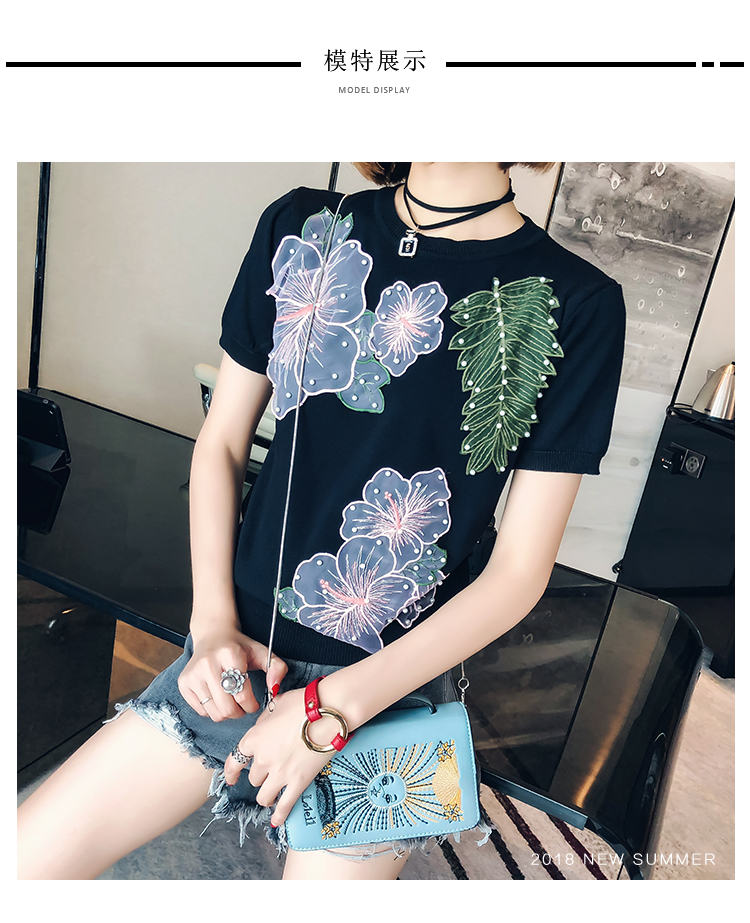Mùa hè 2018 mới của phụ nữ vòng cổ đa năng smock handmade ren hoa đính cườm áo thun nữ áo gile len
