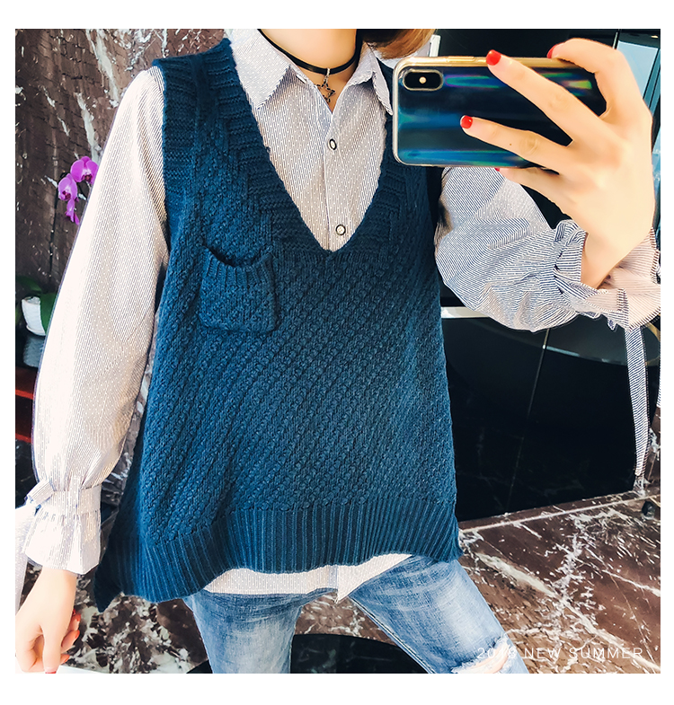 Phiên bản Hàn Quốc của áo len không tay cổ chữ V mùa thu nữ sinh viên mới thả lỏng áo vest mỏng không đều áo len áo len gucci