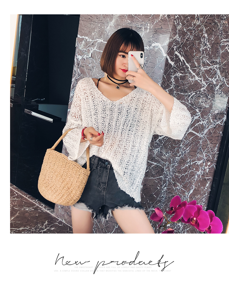 Openwork đan áo len nữ 2018 đầu mùa thu mới của Hàn Quốc phiên bản của bộ lỏng lẻo của hoang dã V-Cổ áo là mỏng dài tay áo sơ mi áo len nữ hàn quốc