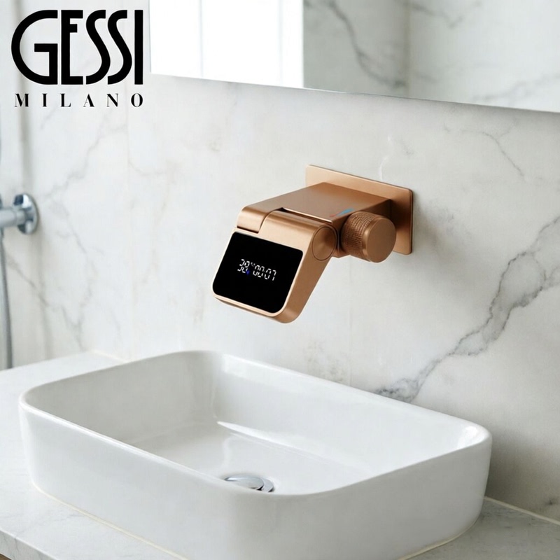 Italian Gessi Digital Display Concealed Wall-Mounted Copper Faucet with Built-In Basin, Foldable Waterfall Hot and Cold Water Faucet