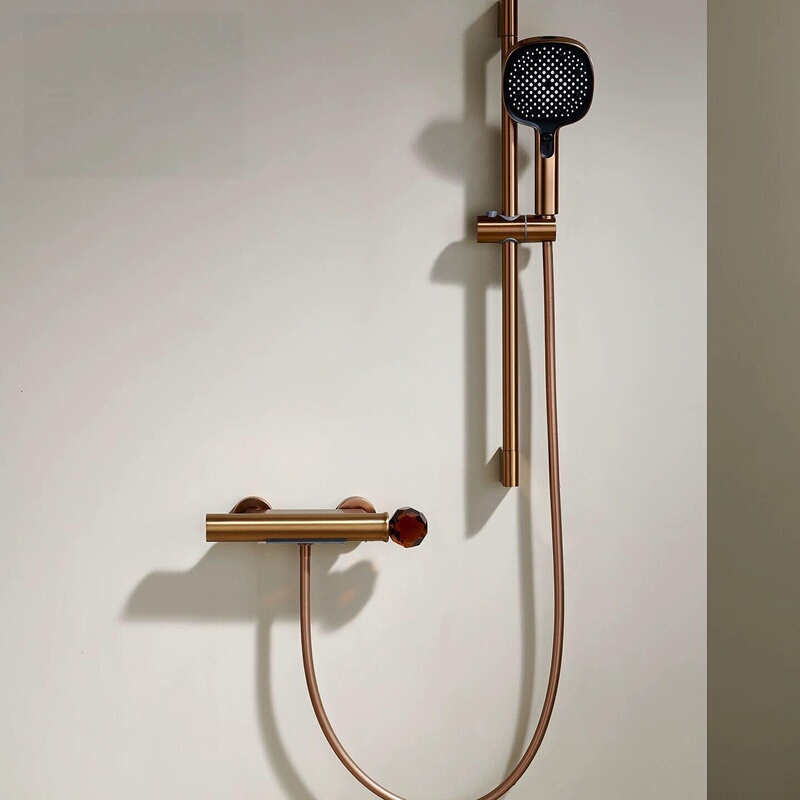 Italian All-Copper Minimalist Brushed Rose Gold Bathtub Shower Faucet with Adjustable Waterfall Spout