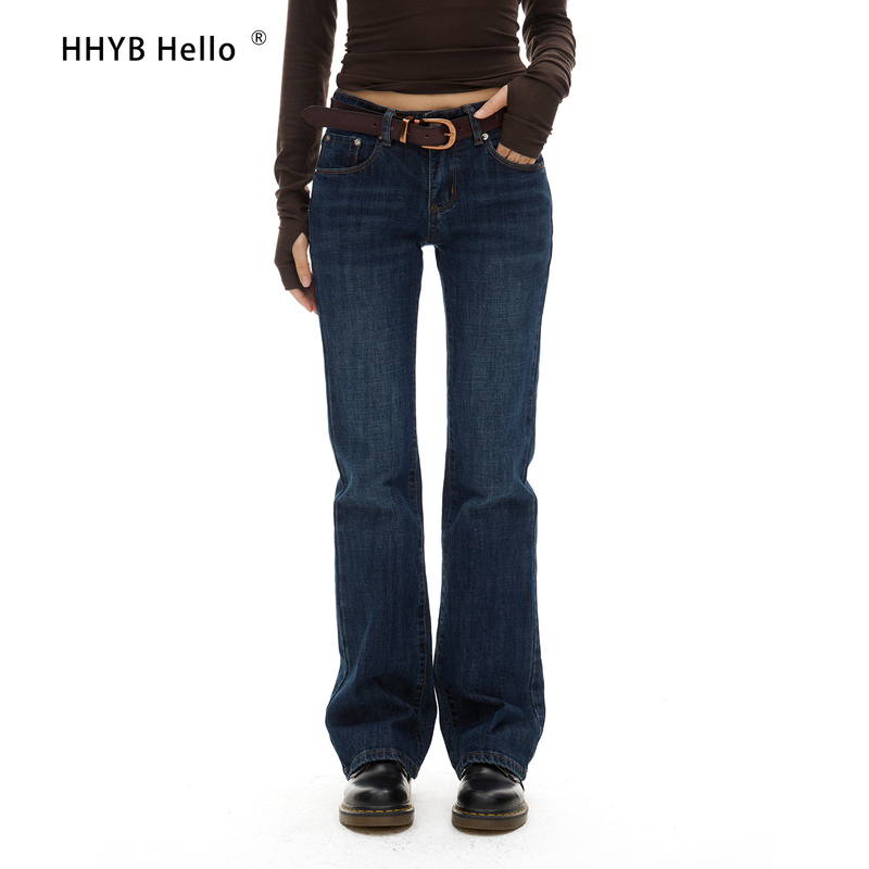 Hhyb I Hope You Are Well. Devon Qingmu Low-Rise Slightly Stretchy Washed Vintage Simple Cat Pattern Jeans Q254023